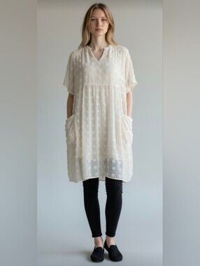 MIHOLL! FAB CHAMPAGNE TAN/CREAM- FLOCKED POLKA DOT CHIFFON DRESS/TOP! XL